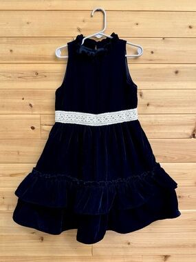 Janie & Jack Size 6 Girls Dark Marine Navy Velvet Crochet Ruffle Dress Holidays